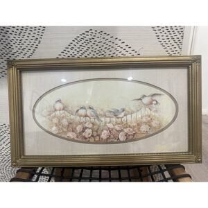 Birds And Roses Margie Morrow Print Robbins Framed Matted Under Glass 21" X 12"